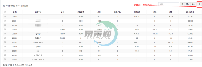 蓝狮注册景区分销系统：旅行社余额支付对帐表